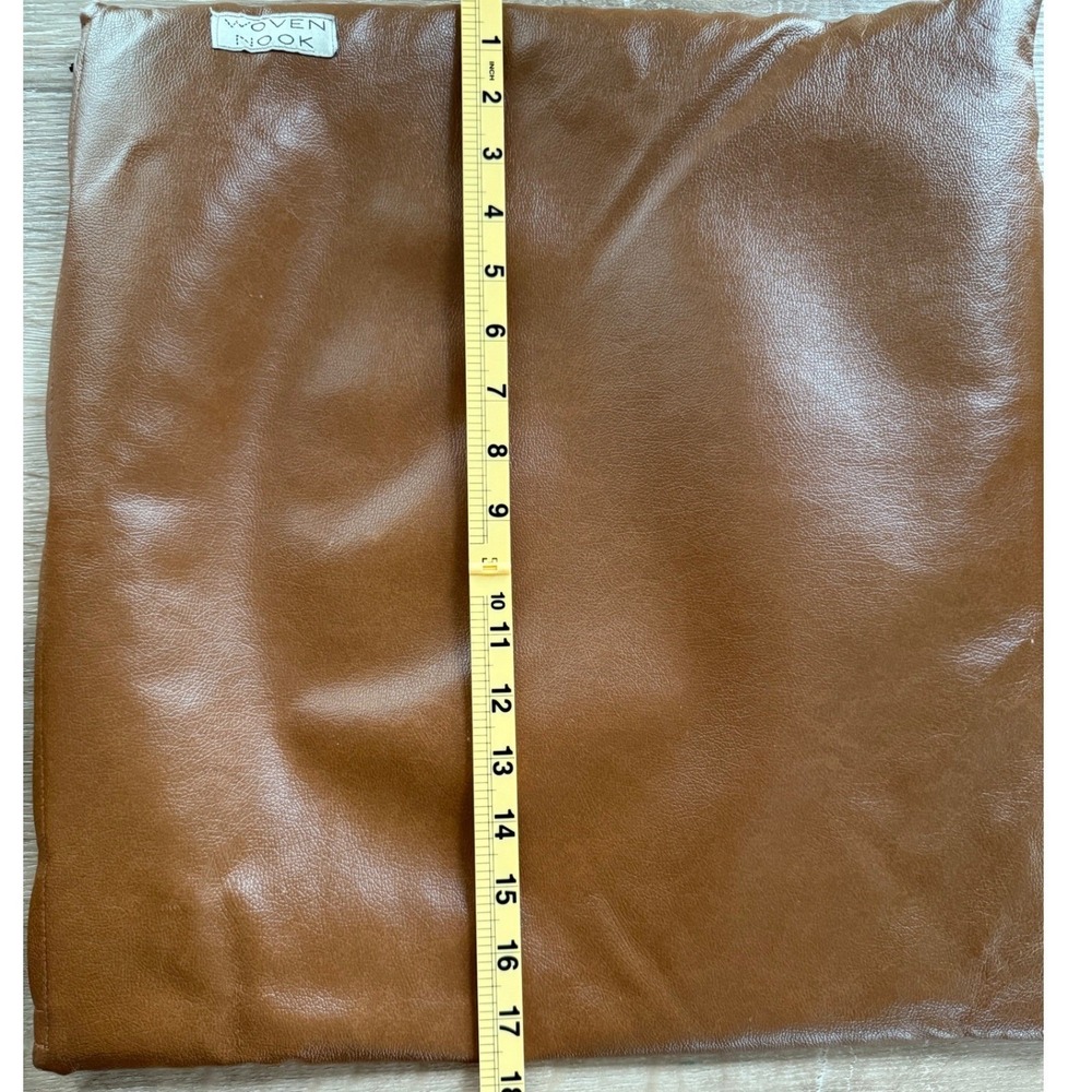 Woven Nook Pillow Covers Set of 2 Cognac Brown Faux Leather 18' Square Modern - Picture 15 of 16